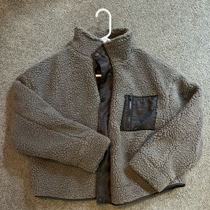 Grey and black zip-up sherpa jacket